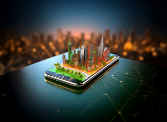 Aufkleber - a miniature cityscape sits atop a smartphone, symbolizing the interconnectedness of urban life and m