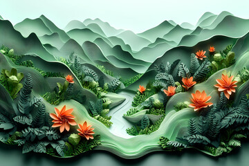 Forest, green, brown, multidimensional paper illustration on light green background, 3D relief.