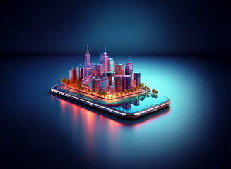 Leinwandbilder - a vibrant, miniature metropolis glows on a sleek smartphone, symbolizing the interconnected digital 