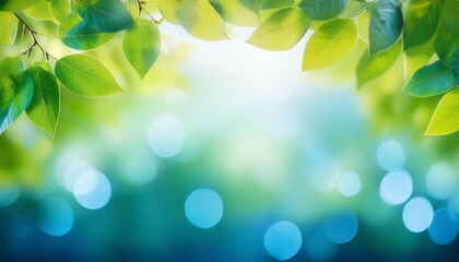 Wall Mural - a spring background of blue and green blurred foilage and sky with bright bokeh
