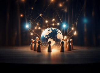 Poster - Wooden figures encircle a glowing Earth, interconnected by luminous lines, symbolizing global network and community.  A dark, moody background enhances the image's impact.