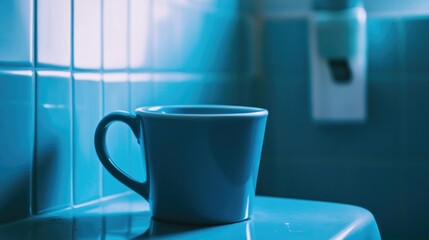 Fototapete - High resolution close-up of a blue plastic bath mug on a tiled surface in a serene bathroom setting