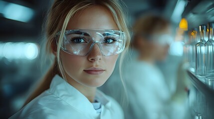 Wall Mural - young female scientist in protective eyewear working in a laboratory setting.