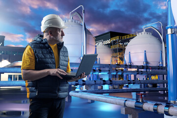 Poster - man factory technologist. engineer holding laptop. spherical high pressure tanks behind man. technol