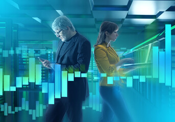 Poster - Analysts processing big data. Man and woman in server room. Data analytics with laptop and phone. Employees monitor load on servers. Data center managers. Two analysts near server equipment