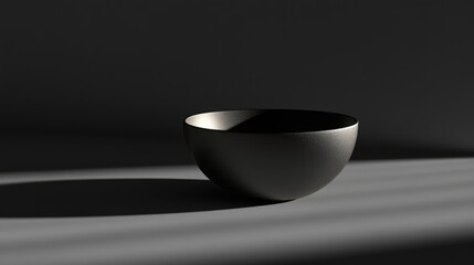 Poster - Elegant minimalistic black bowl casting shadows on a dark background showcasing shape and texture in serene composition.