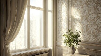Poster - Elegant window design with decorative frame and patterned wall enhancing the sophistication of a modern interior space filled with natural light