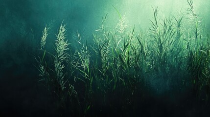 Aufkleber - Abstract textured background with green grass blades illuminated by soft light showcasing a serene and dreamy atmosphere.