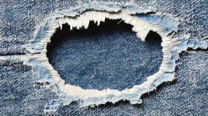 Poster - Denim Fabric Close-up Featuring Torn Hole with Frayed Edges in Blue Jeans Texture Background