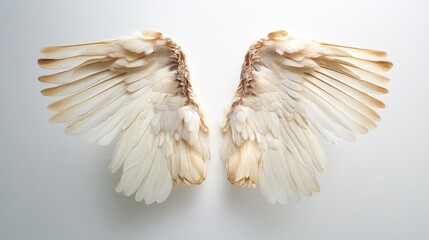 Poster - Delicate bird wings displayed elegantly on a clean white background showcasing intricate feather details and natural textures.