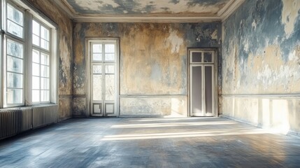 Poster - Serene and Abandoned Interior Space with Weathered Walls and Natural Light