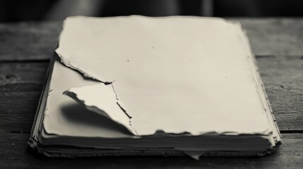 Poster - Torn notebook page on wooden surface showcasing texture and depth in black and white photography for creative use in design projects.