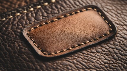 Poster - Close up of aged brown leather texture with blank label showcasing luxurious and natural qualities for fashion and design backgrounds