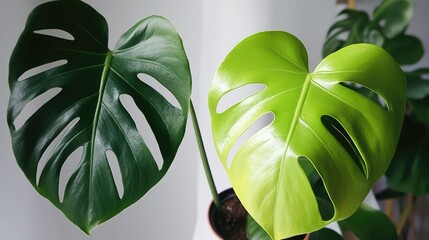 Sticker - Monstera Deliciosa Leaves Displayed Against White Background Highlighting Lush Greenery and Unique Leaf Patterns