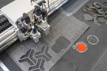 Poster - Laser engraving machine. CNC equipment. Industrial carpentry machine. Modern plotter. Laser cutting of objects from metal sheet. Production CNC machine. Cutting plotter with two laser heads
