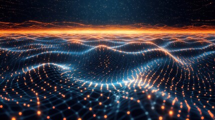 Fototapete - Abstract Digital Landscape with Glowing Particles and Wavy Lines, Representing Technology and Data Visualization, Captivating Night Sky Background
