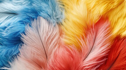 Poster - Colorful Fur Feathers Arrangement on White Background for Textile and Design Concepts