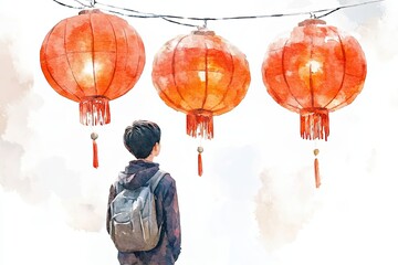 Canvas Print - Person with Backpack Admiring Hanging Lanterns