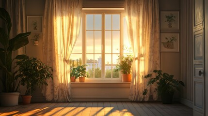 Poster - Cozy window with flowing curtains illuminated by golden hour light showcasing a tranquil indoor atmosphere with lush greenery.