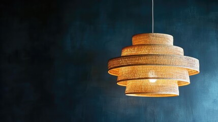 Poster - Modern wicker lamp chandelier with woven design illuminating a dark background showcasing rattan craftsmanship and contemporary interior styling