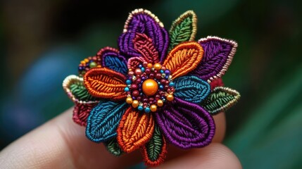Poster - Vibrant handmade floral brooch showcasing intricate embroidery and colorful beading on a soft focus background