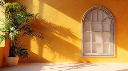 Poster - elegant old window frame against a vibrant pastel orange wall with soft shadows and indoor plant acc