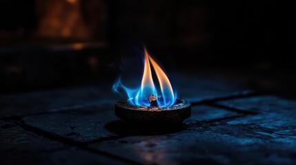 Wall Mural - blue flames of a gas burner illuminating a dark environment showcasing the beauty and intensity of f