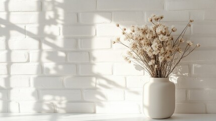 Poster - Minimalist bouquet arrangement in a vase on a windowsill against a white brick wall perfect for Scandinavian interior design concepts