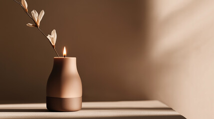 Poster - elegant candle in a minimalist vase with a delicate branch on a wooden surface illuminated by soft l