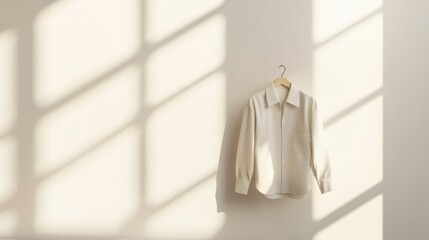 Poster - Blank white shirt hung on empty wall with natural light shadows creating a minimalistic and elegant label mockup setting.