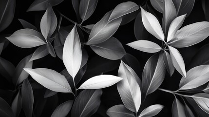 Poster - Elegant monochrome foliage showcasing lush summer plants against a deep black background highlighting their intricate shapes and textures.