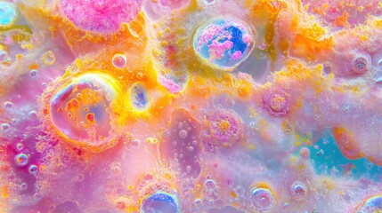 Poster - Vibrant Abstract Texture Featuring Colorful Bubbles and Swirls in Bright Pink, Yellow, and Blue Tones Ideal for Creative Backgrounds and Artistic Designs