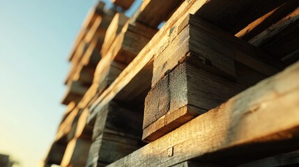 Stacked wooden pallets close up view showcasing texture and structure against a clear sky background during sunset or sunrise lighting.