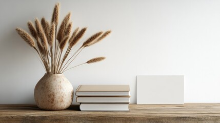 Poster - Scandinavian interior with blank business card mockup, ceramic vase and dry bunny tails on wooden table against white wall background.