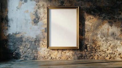 Poster - Elegant golden metal frame on a textured stone wall in a hallway showcasing empty space for artwork or decorative display