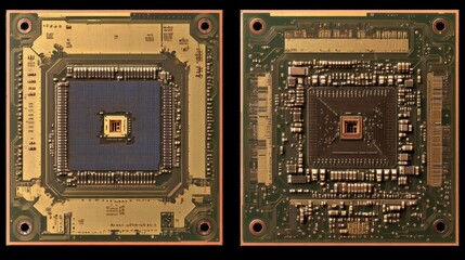 Poster - Close-Up View of Two Distinct Computer Microchips on Circuit Boards