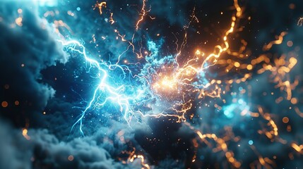 Wall Mural - This photo depicts a striking lightning abstract image of a black background illuminated by multiple lightning strikes