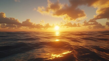 Poster - Tranquil sunset over ocean waves during golden hour highlighting vibrant clouds and serene water reflections