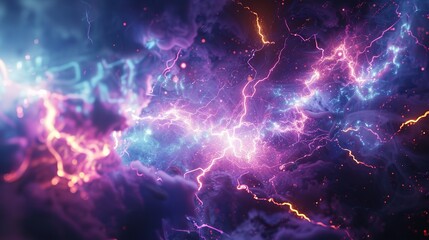 Wall Mural - This photo depicts a striking lightning abstract image of a black background illuminated by multiple lightning strikes
