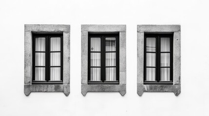 Poster - Monochrome architectural detail featuring three black and white windows with elegant frames and minimalistic design elements.
