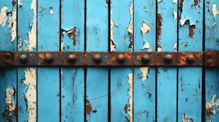 Poster - Close-up of a weathered blue metal gate with peeling paint and rust textures creating an abstract background for design projects.