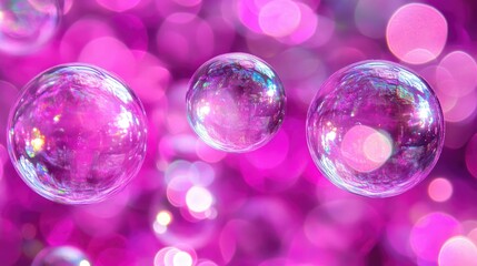 Poster - Pink soap bubbles floating against a vibrant pink blurred background creating a dreamy and colorful atmosphere for creative design projects