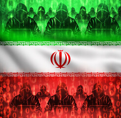 Poster - Hackers silhouettes. Flag of Iran. Cyber army Iranian republic. People in hoods with laptops. Flag Iran with binary code. Hackers attack enemy it system. Cyber army working for government. 3d image