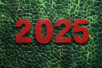 Poster - 2025 is made of red leather texture on a green background, with a leather snake pattern and red numbers in the center.