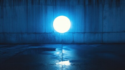 Poster - Neon blue light sphere illuminating a dark concrete space with reflections on a wet surface creating a serene nighttime atmosphere