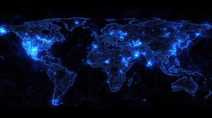 Poster - Digital World Map Illustration with Blue Light Connections