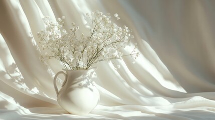 Poster - Elegant still life with white ceramic vase filled with gypsophila flowers casting soft shadows on draped fabric for design inspiration