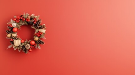 Wall Mural - a festive holiday wreath adorned with pinecones, red berries, and ornaments against a vibrant coral 