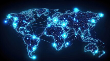 Poster - Digital World Map with Blue Connections and Glowing Circuits