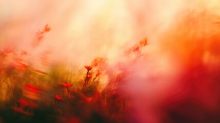 Poster - Abstract blurred background of a wildfire with vivid colors and soft floral elements creating an artistic atmospheric effect.